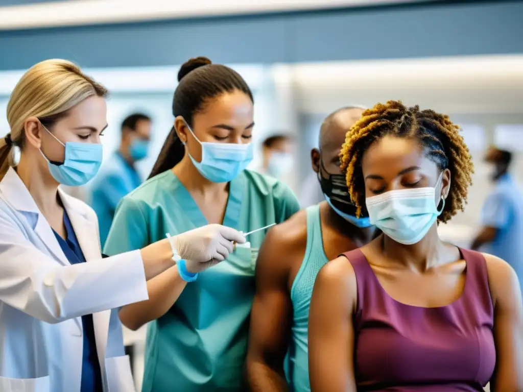 Un grupo diverso de viajeros recibe vacunas en una instalación médica moderna, mostrando la importancia de la inmunización para viajes
