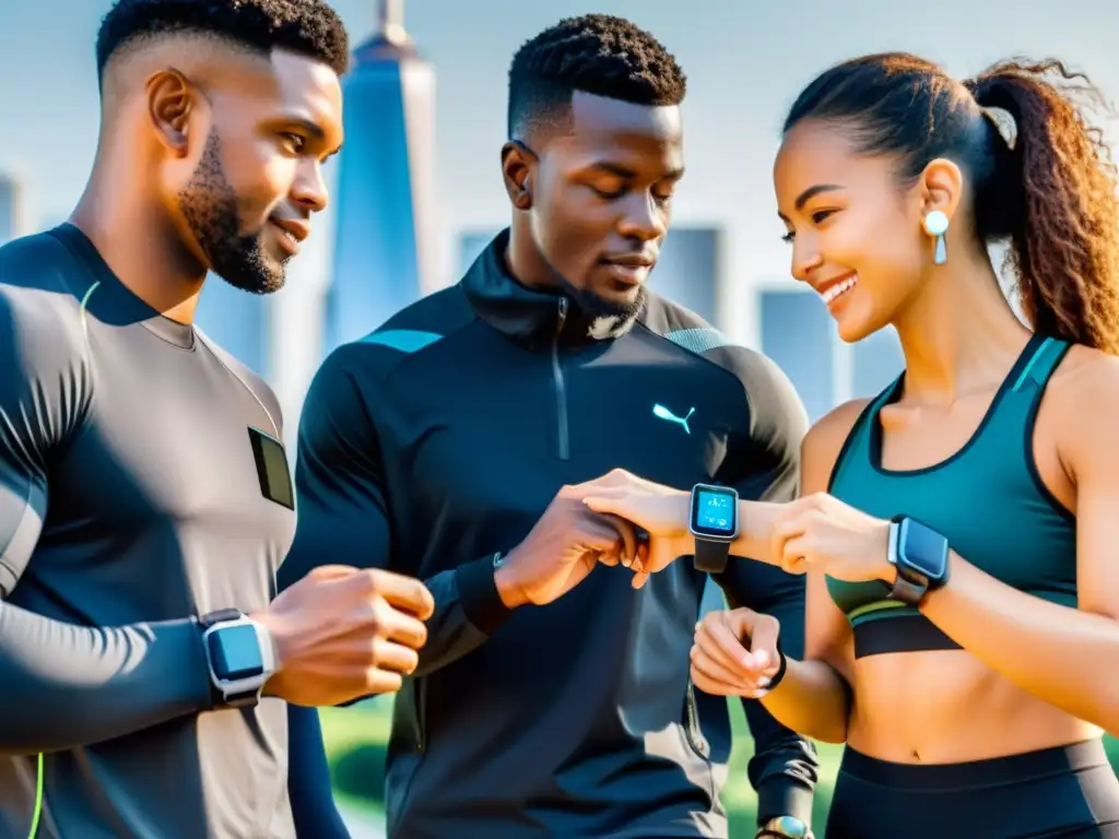 Vida activa y tecnología: wearables avanzados en la ciudad del futuro Un grupo diverso usa wearables para fortalecer sistema inmunológico mientras realiza actividades variadas en un entorno tecnológico futurista