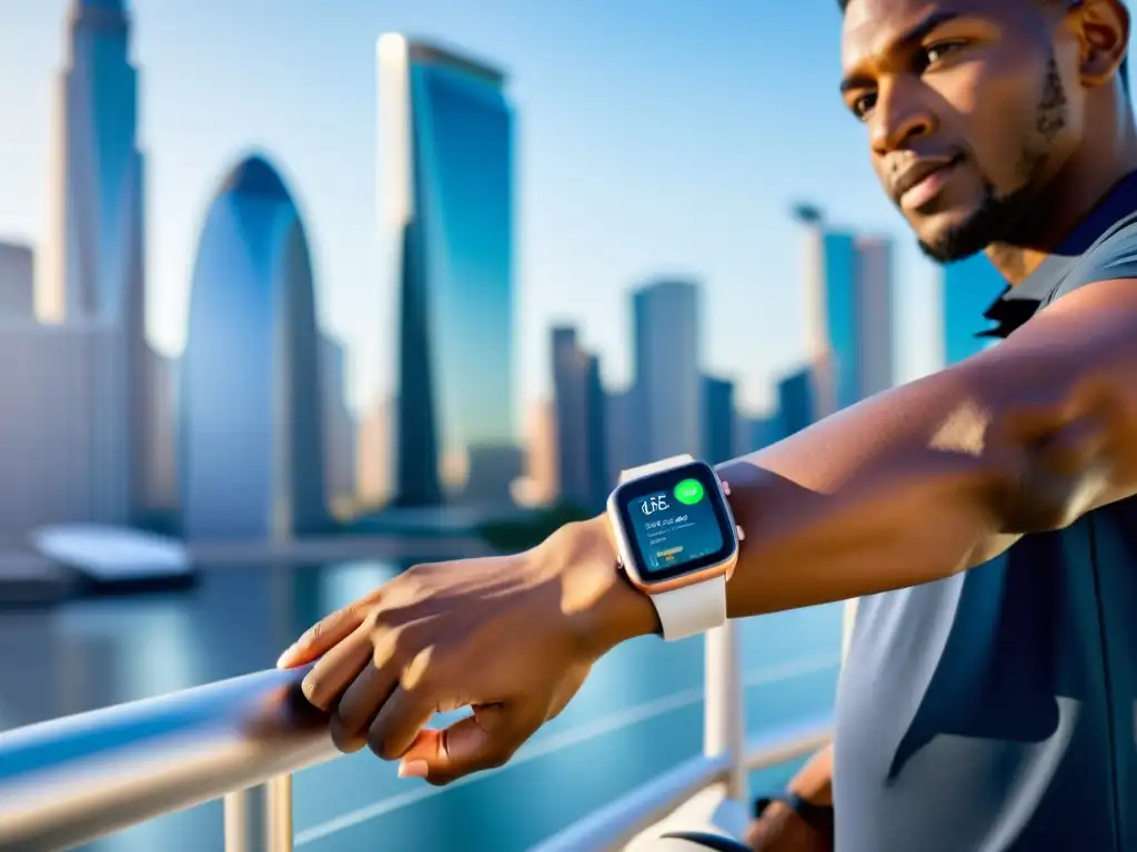Vida activa con wearables modernos Un grupo diverso usando wearables para fortalecer sistema inmunológico durante actividades al aire libre, con una ciudad futurista de fondo