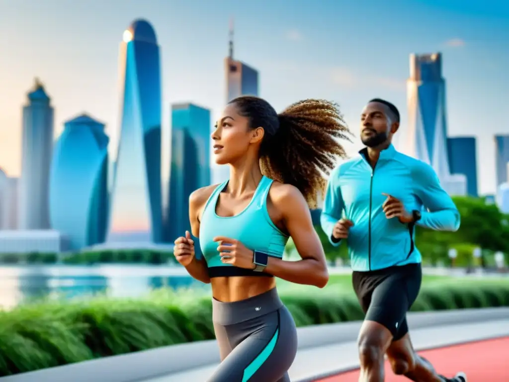 Vitalidad urbana: wearables promueven una vida activa y saludable Grupo diverso usando wearables para fortalecer sistema inmunológico en actividades al aire libre y ciudad futurista