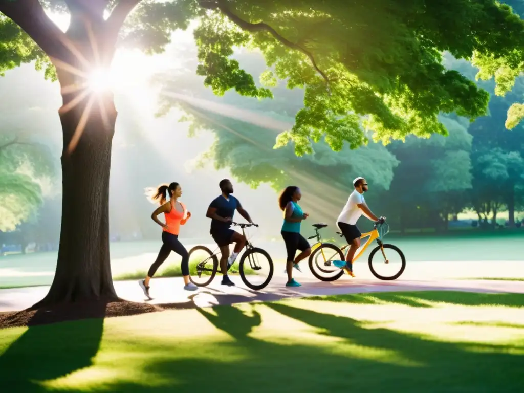 Vitalidad y bienestar: personas activas disfrutan del aire libre Grupo diverso haciendo yoga, corriendo y ciclismo en un parque verde