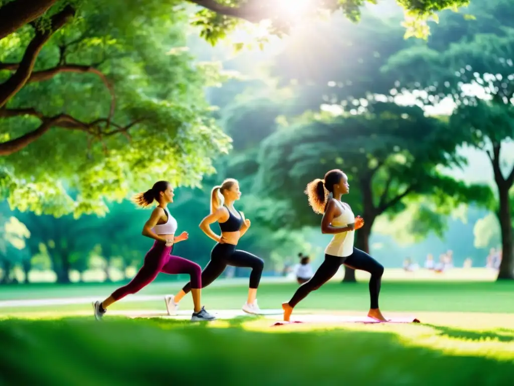 Actividades al aire libre en un parque verde exuberante Grupo haciendo ejercicio al aire libre en un parque verde, fortaleciendo el sistema inmunológico con yoga, running y estiramientos bajo el cálido sol