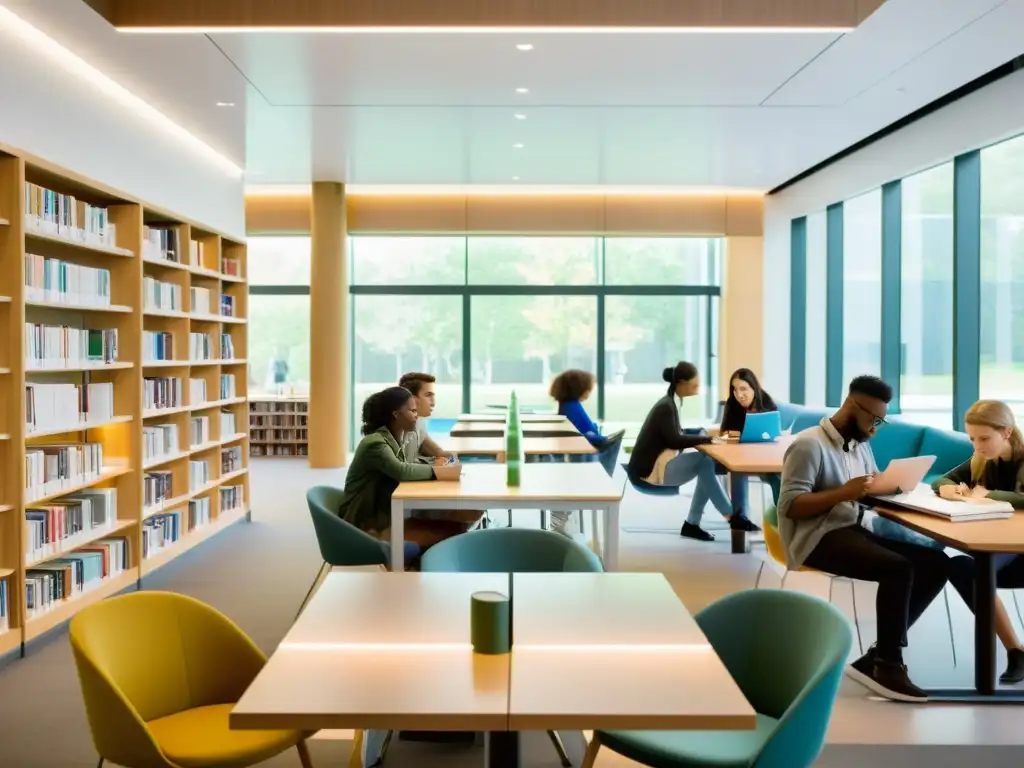 Estudiantes concentrados en biblioteca moderna Un grupo de estudiantes concentrados estudia juntos en una biblioteca moderna, con suplementos refuerzo inmunitario para exámenes a su lado