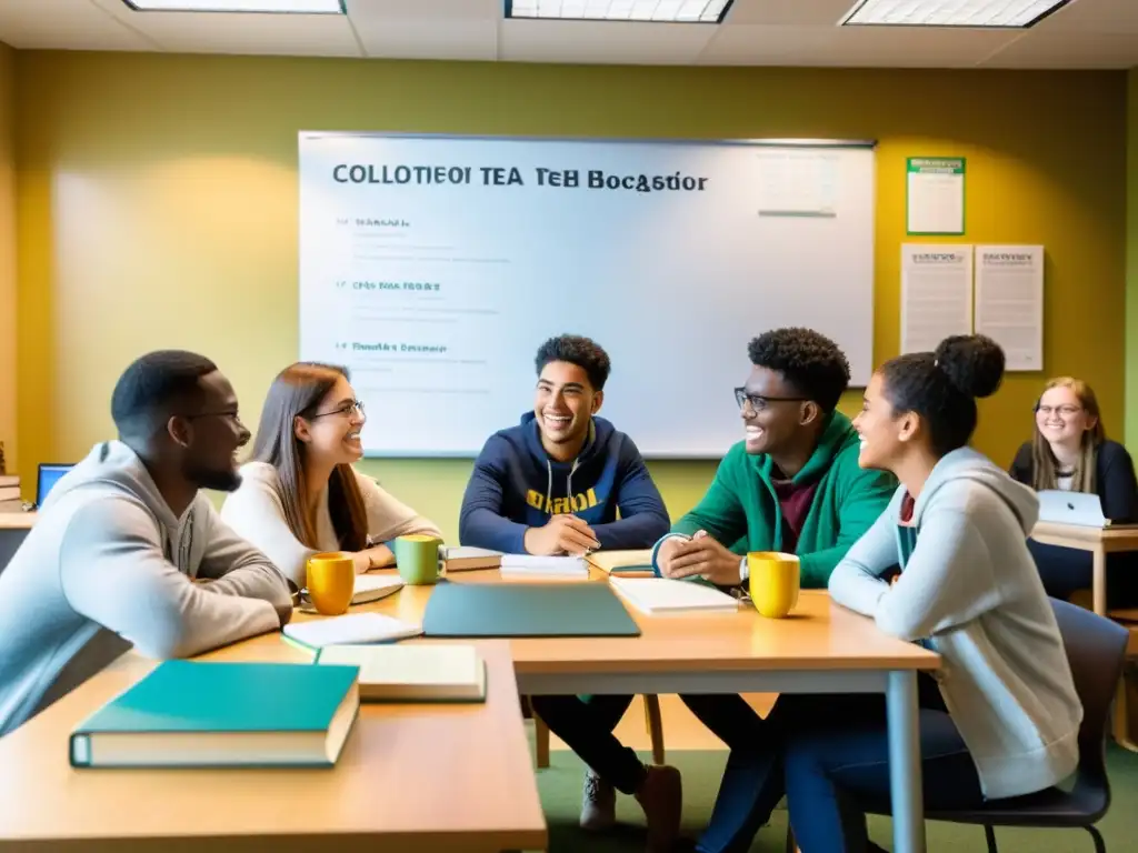 Estudio en grupo: compañerismo y determinación Un grupo de estudiantes se reúnen en una sala de estudio bien iluminada, compartiendo materiales y debatiendo mientras se preparan para los exámenes