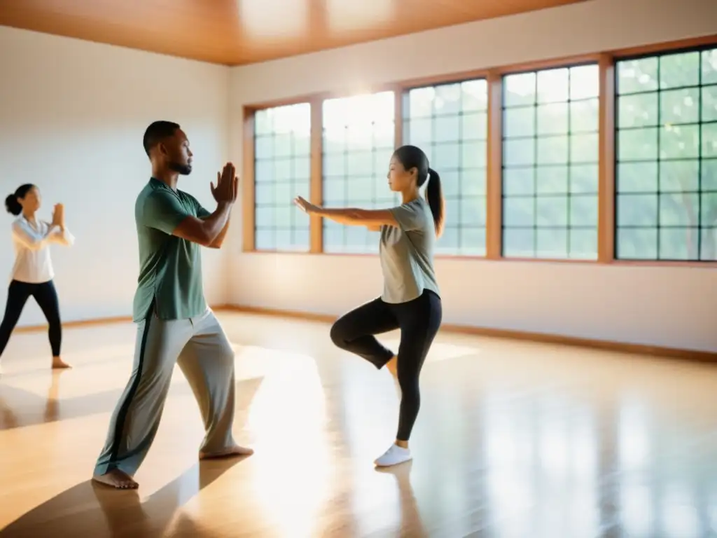 Tai Chi y Qi Gong: Armonía en un estudio moderno Grupo practicando Tai Chi y Qi Gong en estudio moderno, creando calma y equilibrio, ideal para ejercicios de meditación para fortalecer defensas