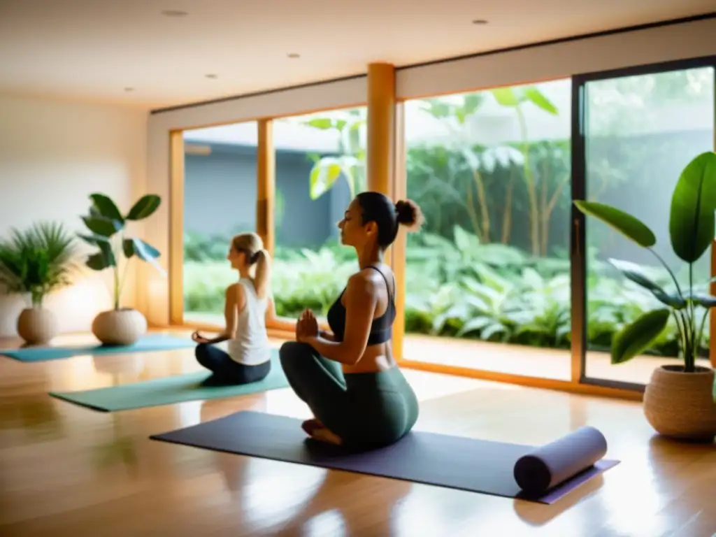 Yoga suave para fortalecer el sistema inmunológico Grupo en estudio de yoga con plantas, luz natural y posturas suaves