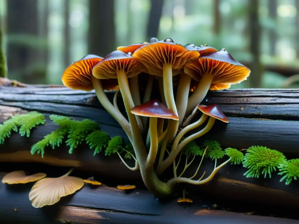 Belleza mágica: Detalle de setas Reishi en el bosque Un grupo de hongos medicinales Reishi crecen en un tronco caído en un bosque denso, mostrando detalles y frescura