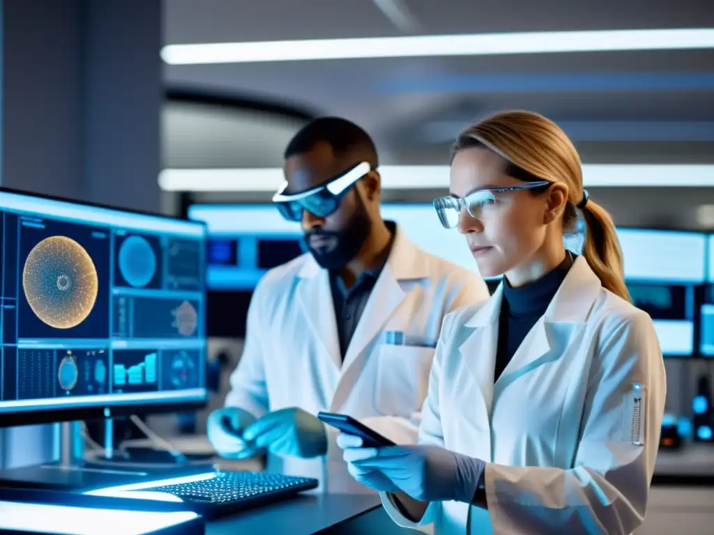 Avanzada investigación inmunológica: científicos con tecnología wearable Un grupo de investigadores en un avanzado laboratorio, utilizando tecnología wearable para estudios de inmunología