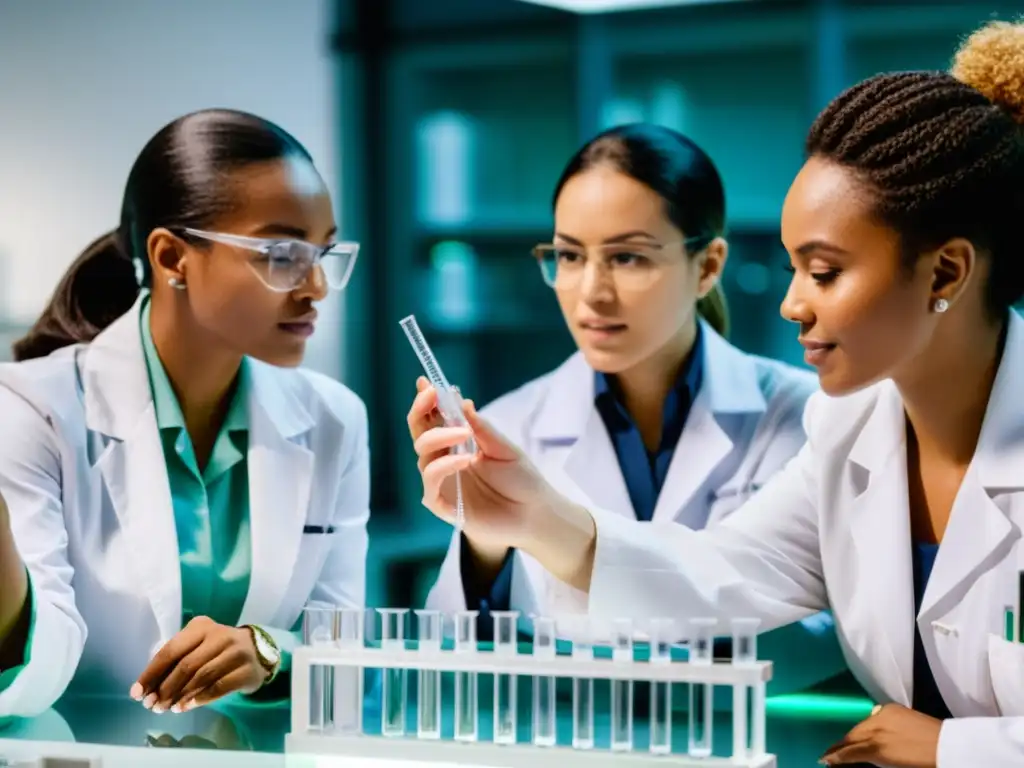 Equipo de mujeres científicas expertas en laboratorio Un grupo de mujeres diversas colabora en un laboratorio moderno, con gestos animados y examinando tubos de ensayo