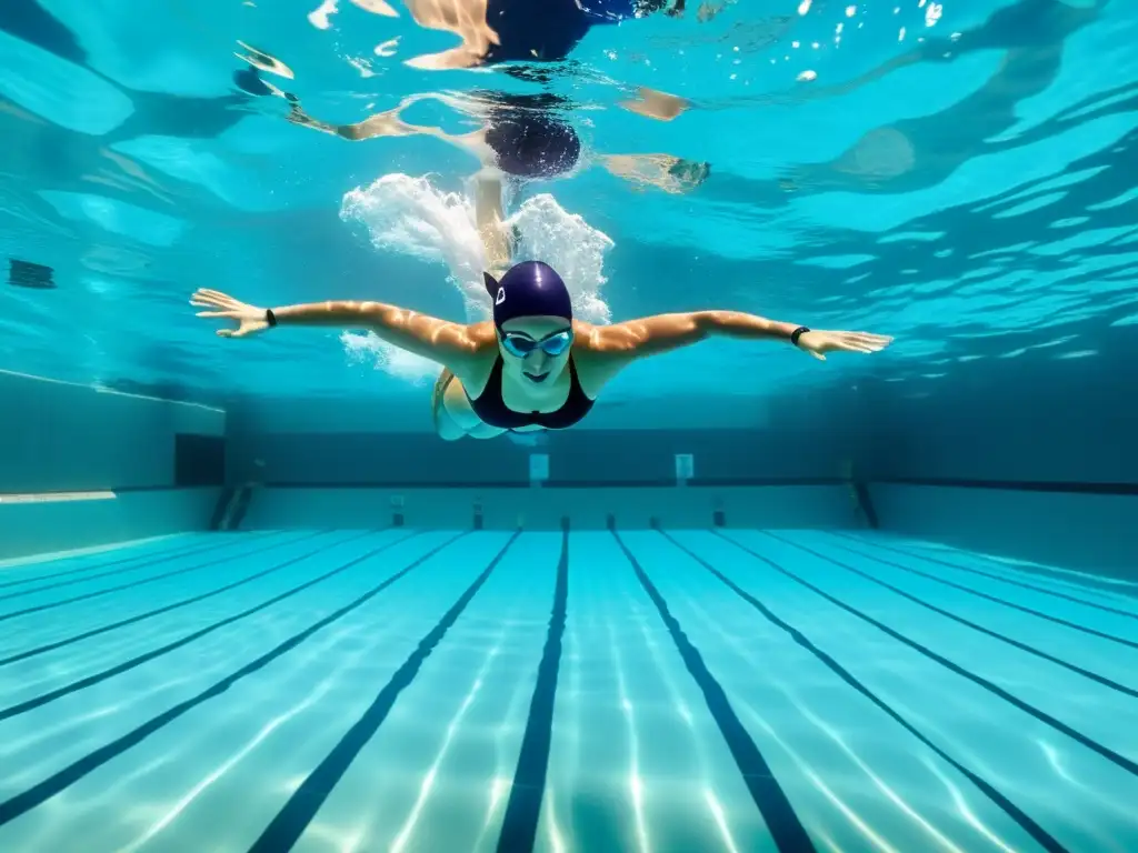 Sumergidos en la Vitalidad: Nadadores en una Piscina Olímpica Un grupo de nadadores se desliza elegante en una piscina olímpica, con reflejos de sol filtrándose desde abajo