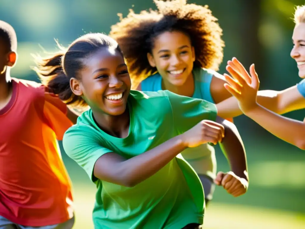 Jóvenes felices y activos disfrutando juntos al aire libre Un grupo de niños y adolescentes sonrientes y saludables jugando y riendo juntos al aire libre