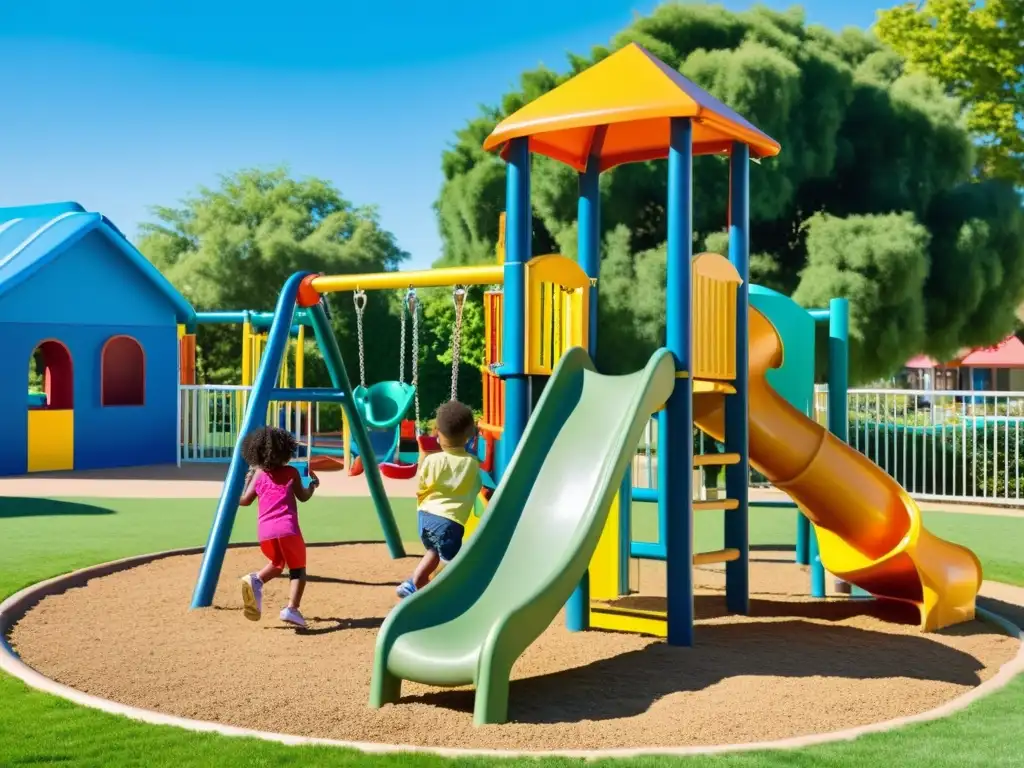 Niños felices juegan en un parque limpio y seguro Grupo de niños diversos jugando al aire libre en un parque limpio y bien mantenido, promoviendo la higiene en niños y su sistema inmunológico