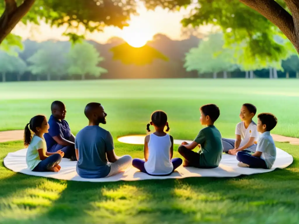 Mediación guiada al atardecer: Niños en armonía Grupo de niños meditando al aire libre al atardecer, rodeados de naturaleza