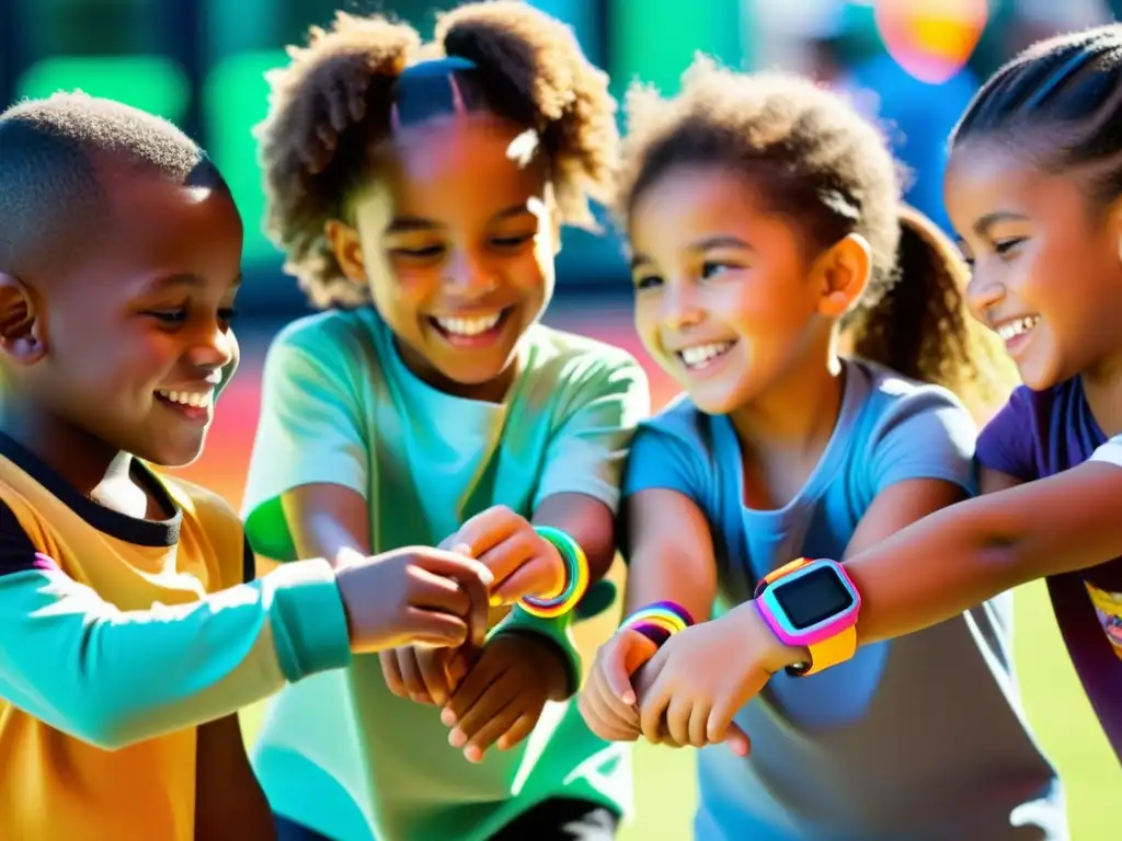 Niños felices con pulseras de salud mostrando datos en un parque futurista Un grupo de niños juega con alegría en un parque vibrante, usando wearables para fortalecer su sistema inmune