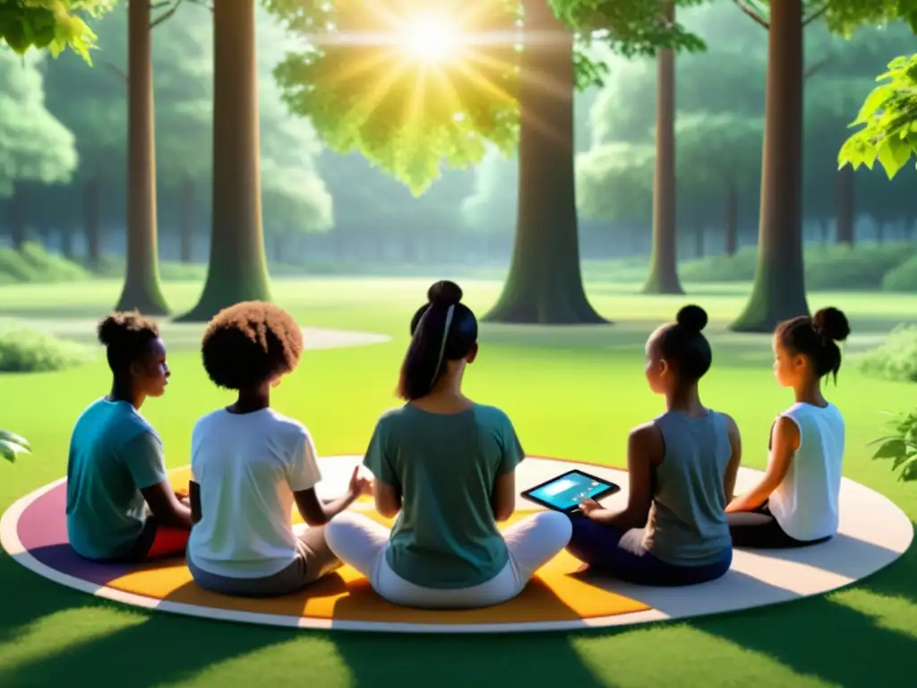 Niños meditando con apps en la naturaleza Grupo de niños meditando con apps de meditación para niños en un claro del bosque