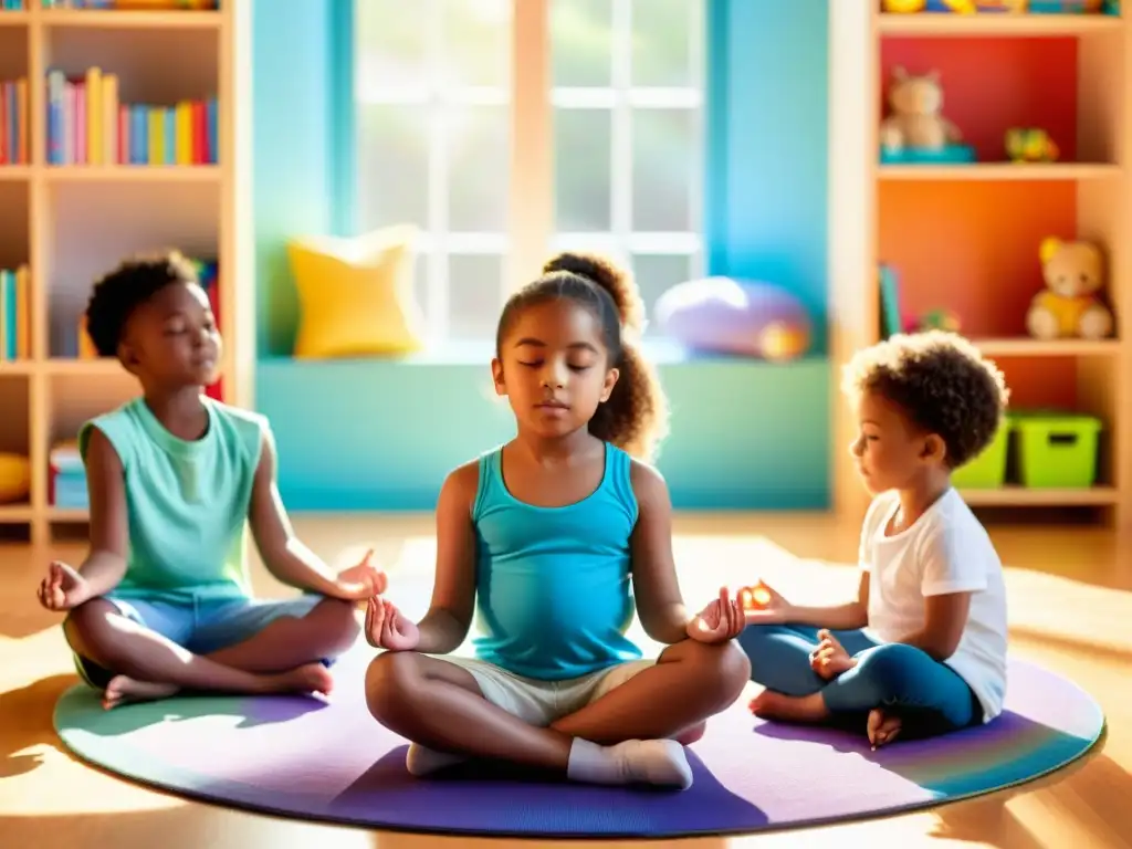 Meditación infantil en aula colorida: paz y enfoque Un grupo de niños medita en un aula colorida, con luz solar que irradia tranquilidad