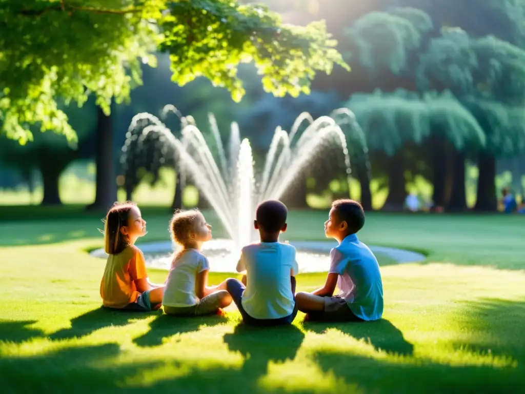 Niños meditando en círculo en el bosque Un grupo de niños medita en círculo en un prado, rodeados de árboles y luz solar