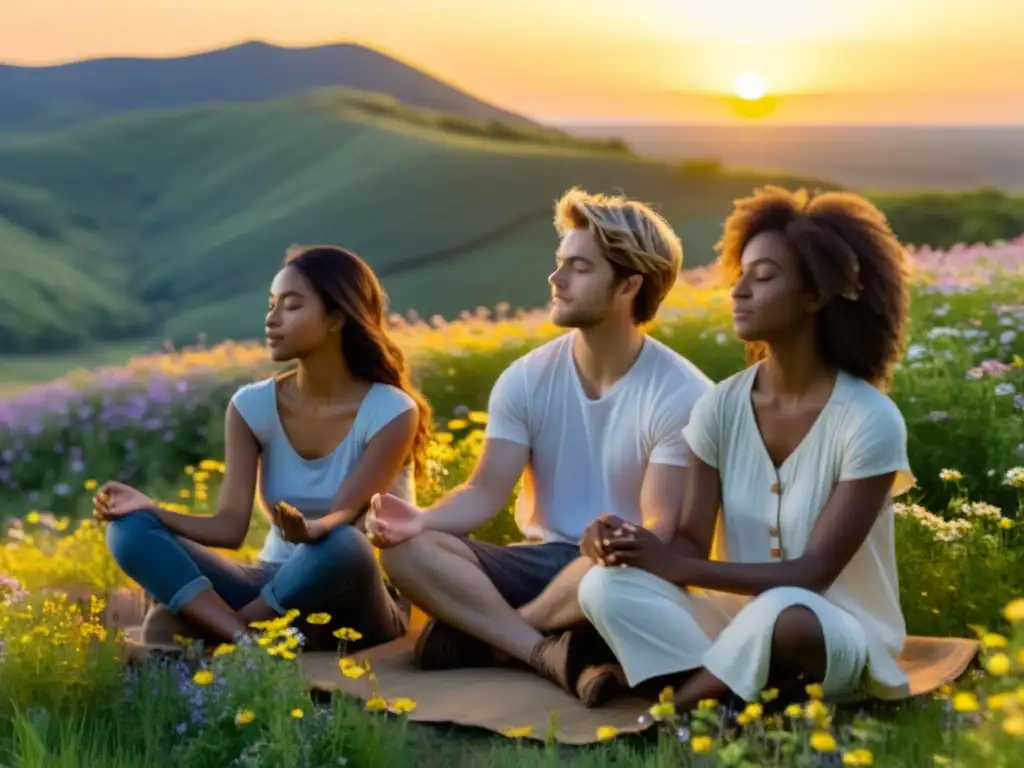 Niños en paz: meditación al atardecer entre flores silvestres Un grupo de niños meditando en una colina florida al atardecer, proyectando paz y tranquilidad