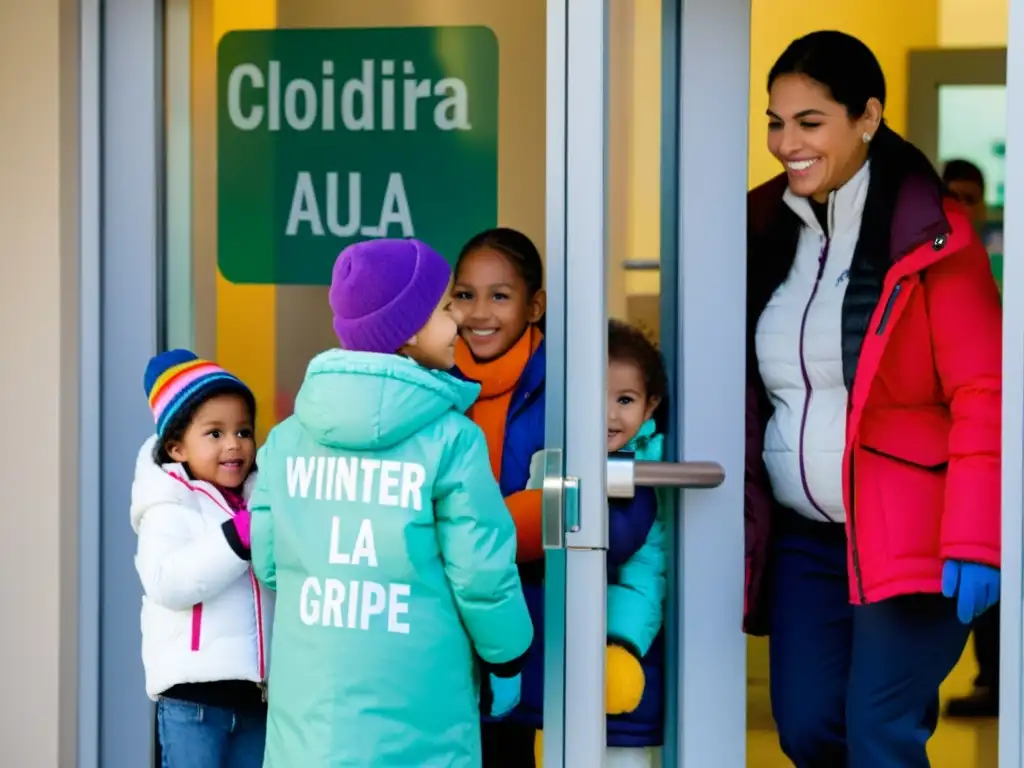 Vacunación contra la gripe: Niños en la clínica, nieve cayendo Un grupo de niños de diferentes edades, esperando afuera de una clínica pediátrica para recibir vacunación contra la gripe