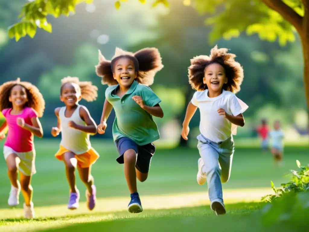 Niños felices jugando en un parque Un grupo de niños diversos jugando felices en un parque verde, potenciando el sistema inmune y disfrutando de la vitalidad