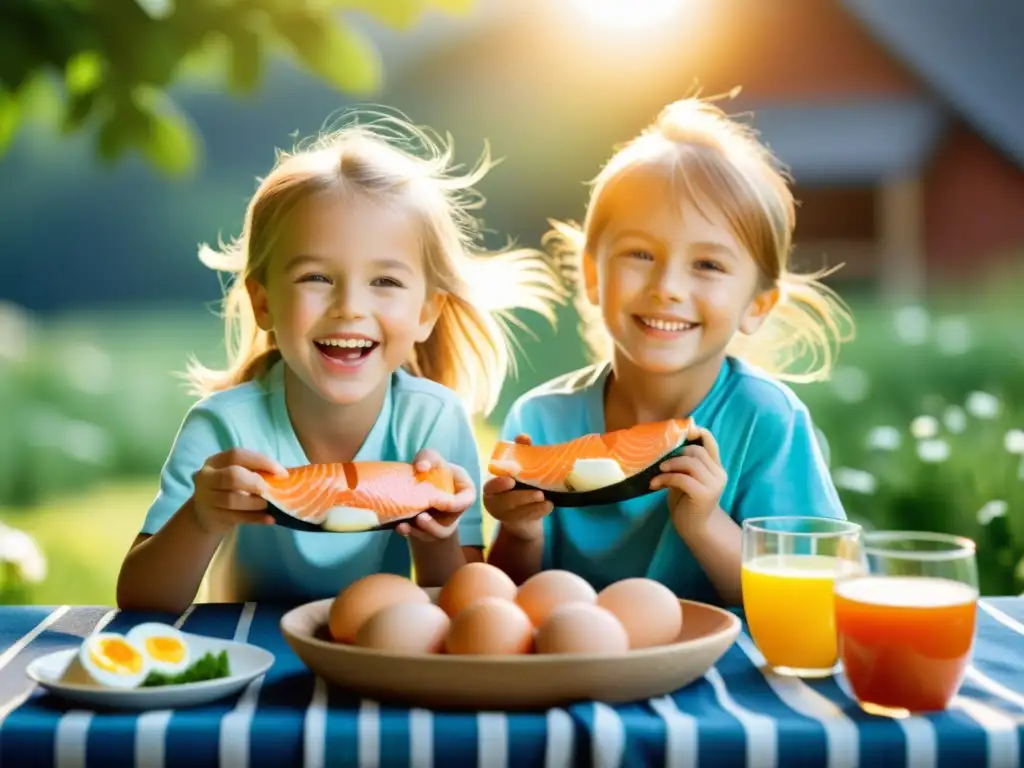 Niños felices jugando al sol con alimentos ricos en vitamina D Un grupo de niños felices y saludables juega al aire libre bajo el sol brillante, con alimentos ricos en vitamina D en primer plano