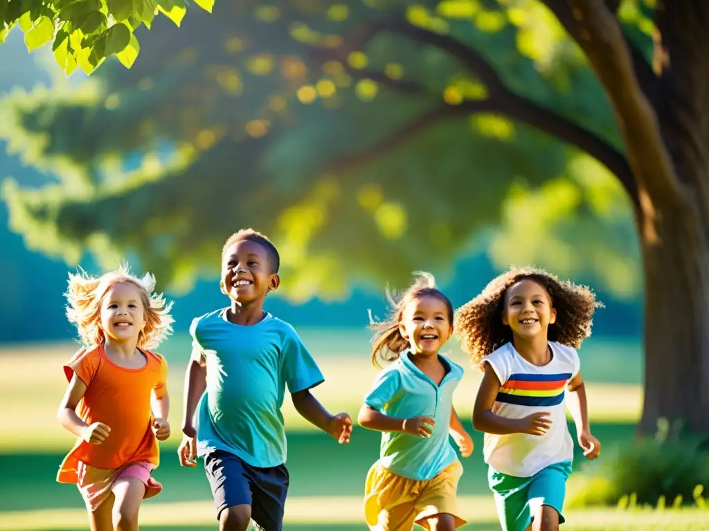 Felicidad infantil: Juego al aire libre bajo el sol Un grupo de niños felices y saludables jugando al aire libre bajo el sol, disfrutando de la vitamina D para fortalecer su inmunidad