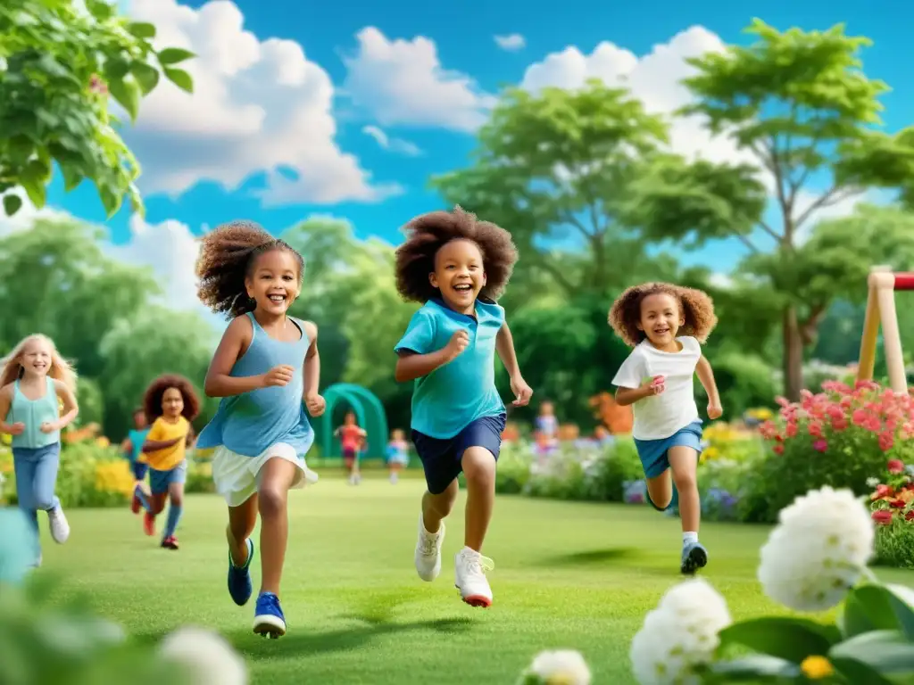 Un grupo de niños diversos juega y se divierte en un parque verde y florido, fortaleciendo su sistema inmunológico y su vitalidad