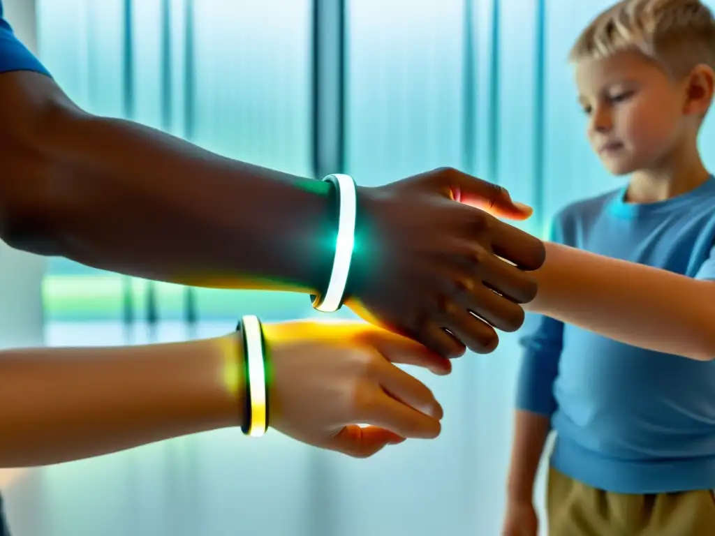Niños activos con pulseras LED en ambiente futurista Un grupo de niños con pulseras futuristas emitiendo una suave luz, en una habitación minimalista