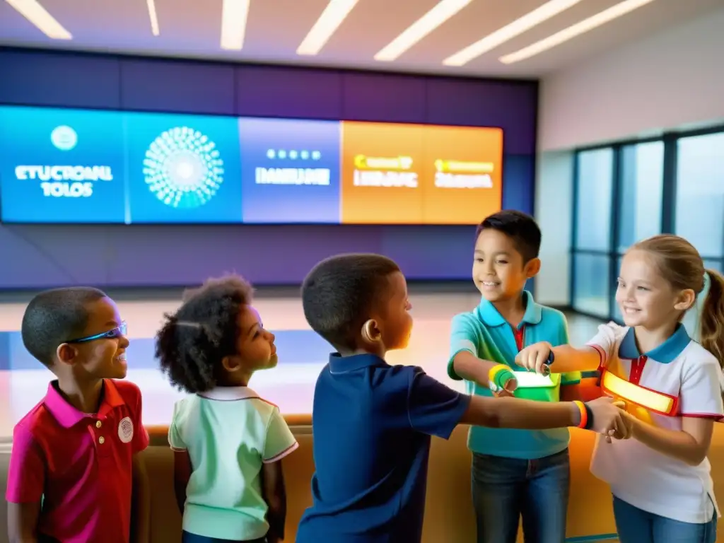 Clase interactiva de inmunología con niños y tecnología LED Grupo de niños usando pulseras tecnológicas coloridas, aprendiendo sobre el sistema inmune en un aula iluminada con herramientas educativas futuristas