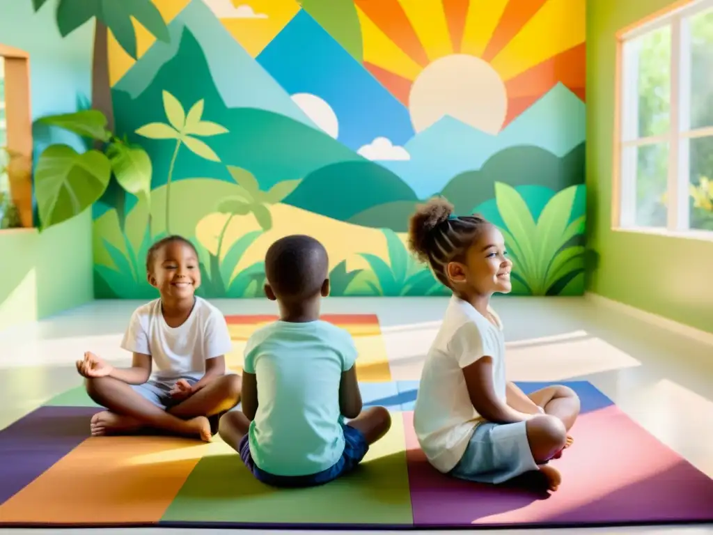 Niños meditando en paz en un entorno natural Grupo de niños meditando en un salón soleado y tranquilo, rodeados de plantas