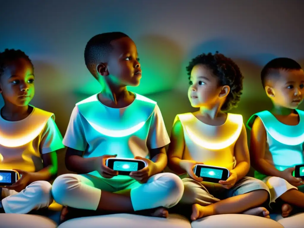 Niños con tecnología de salud futurista en entorno innovador Un grupo de niños con wearables para fortalecer el sistema inmune, disfrutando de actividades en un ambiente tecnológico y saludable