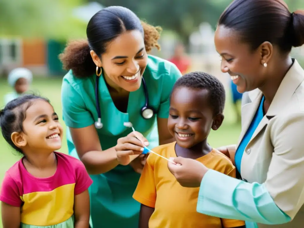 Vacunación infantil: sonrisas y salud en comunidad Un grupo de niños sonrientes y saludables de diversas etnias juegan juntos en un entorno vibrante y diverso