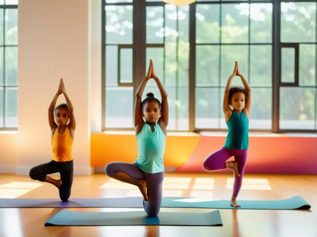 Niños practicando yoga en un estudio soleado Un grupo de niños practican yoga en un estudio luminoso, expresando gracia y concentración