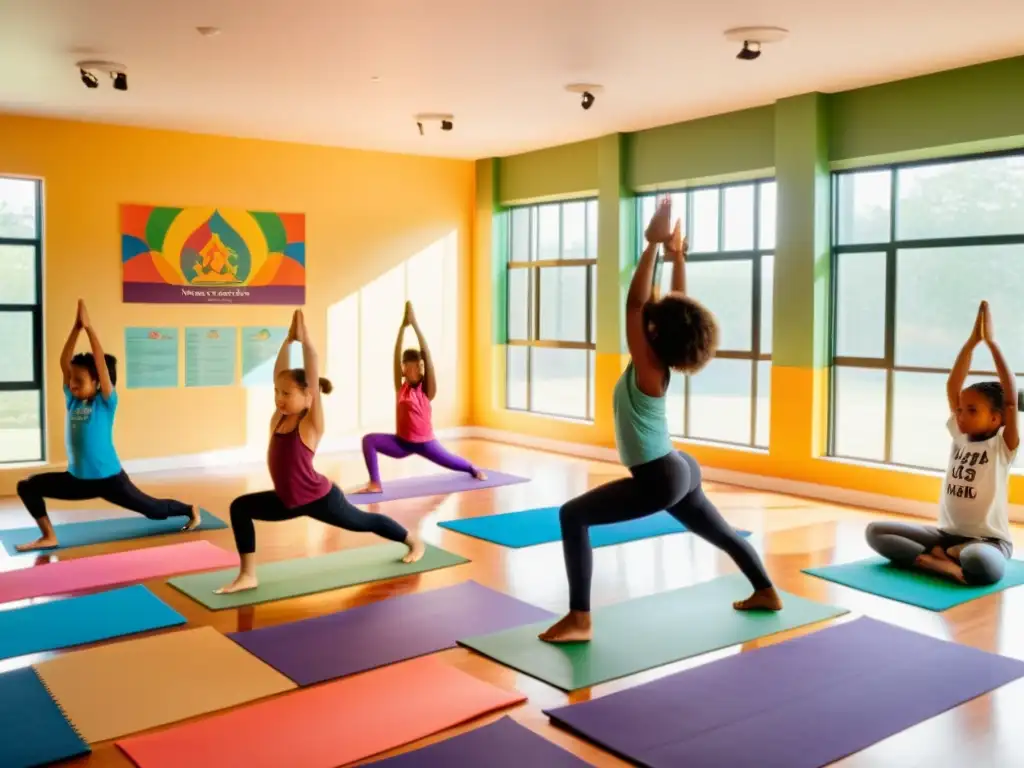 Niños felices practicando yoga en un espacio luminoso Grupo de niños practicando yoga en una sala amplia y luminosa, con posturas llenas de energía