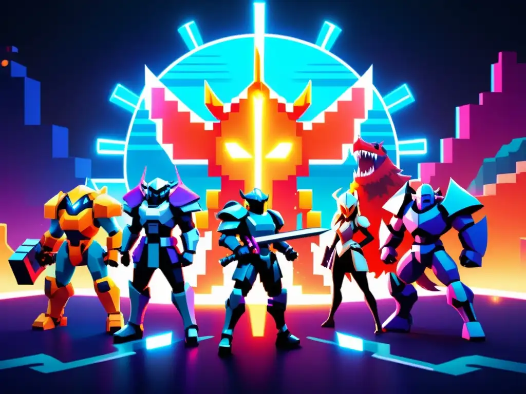 Batalla épica contra monstruo virus en mundo virtual 8bit Un grupo de personajes de juego coloridos y futuristas luchan contra un monstruo de virus en un mundo virtual estilo 8 bits