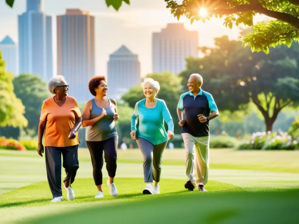Actividades al aire libre para personas mayores en un parque vibrante Un grupo de personas mayores disfruta de actividades al aire libre en un parque vibrante y soleado, simbolizando la vida activa en la tercera edad