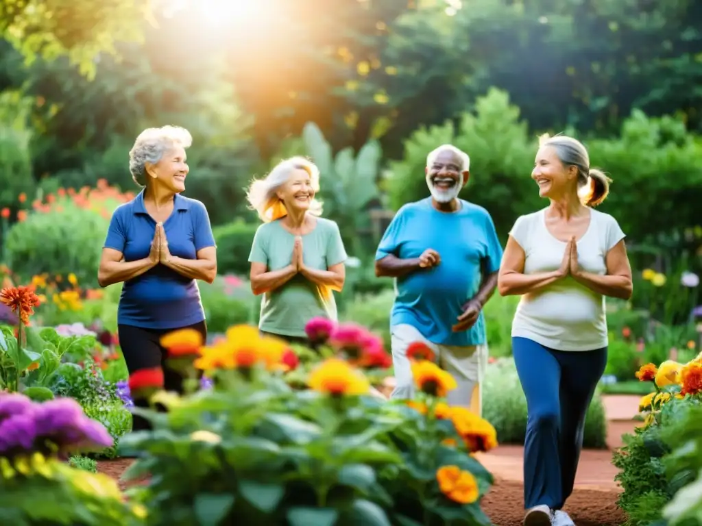 Vida activa y vibrante en la tercera edad Un grupo de personas mayores disfrutando de actividades al aire libre en un vibrante jardín comunitario, irradiando alegría y vitalidad