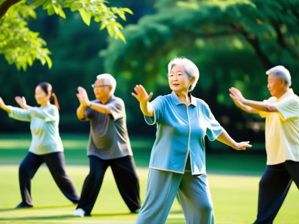 Tai Chi en el Parque: Bienestar Sereno para Mayores Un grupo de personas mayores practica Tai Chi al aire libre en un parque sereno, rodeado de árboles verdes y cielo azul