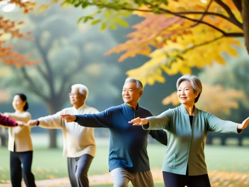 Tai Chi en otoño: vitalidad y armonía en adultos mayores Un grupo de personas mayores practicando tai chi en un parque, rodeados de hojas de otoño