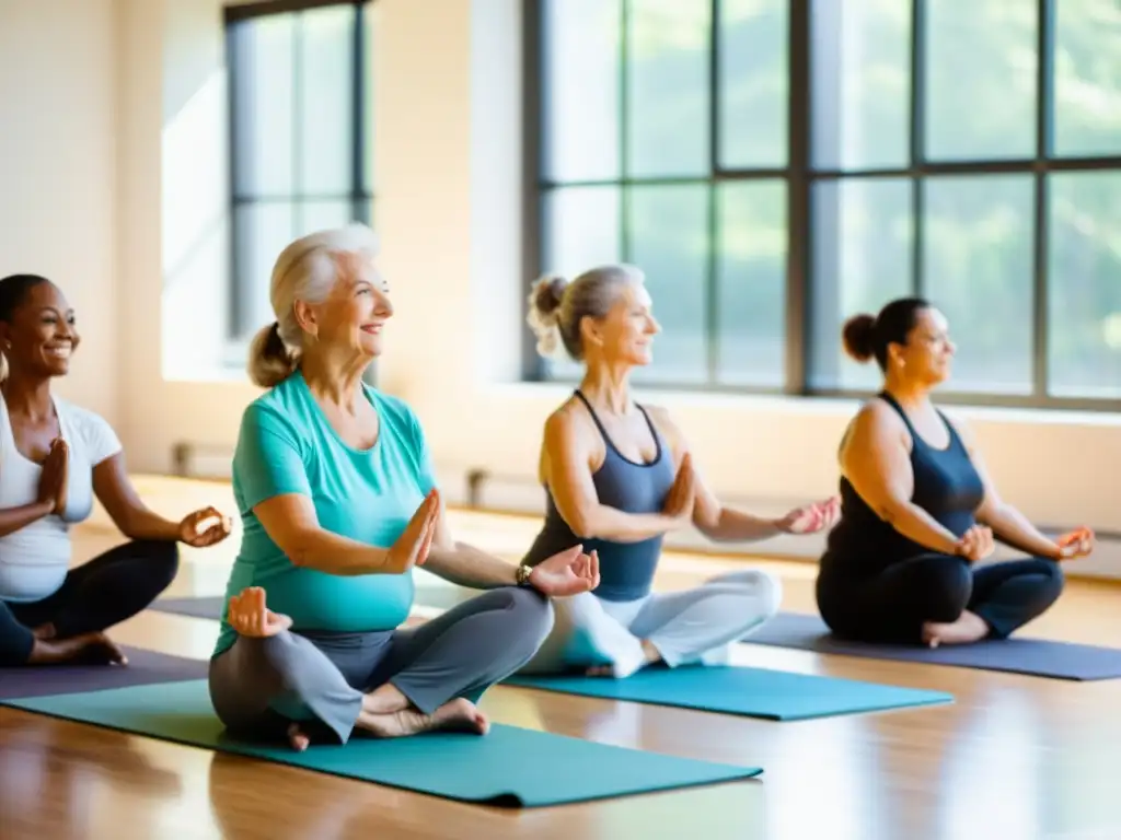 Yoga para la vitalidad: comunidad activa de adultos mayores Grupo de personas mayores participando en una clase de yoga en un estudio luminoso y moderno
