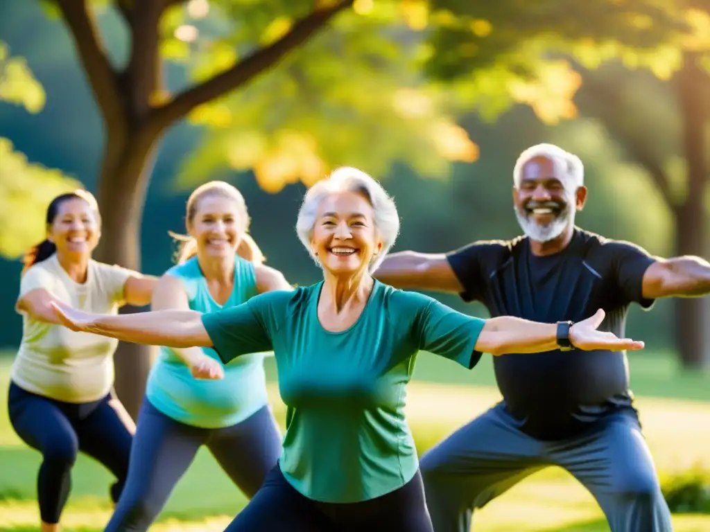 Clase de ejercicio al atardecer: vitalidad y alegría en la tercera edad Un grupo de personas mayores disfruta de una clase de ejercicio al aire libre al atardecer, irradiando vitalidad y alegría