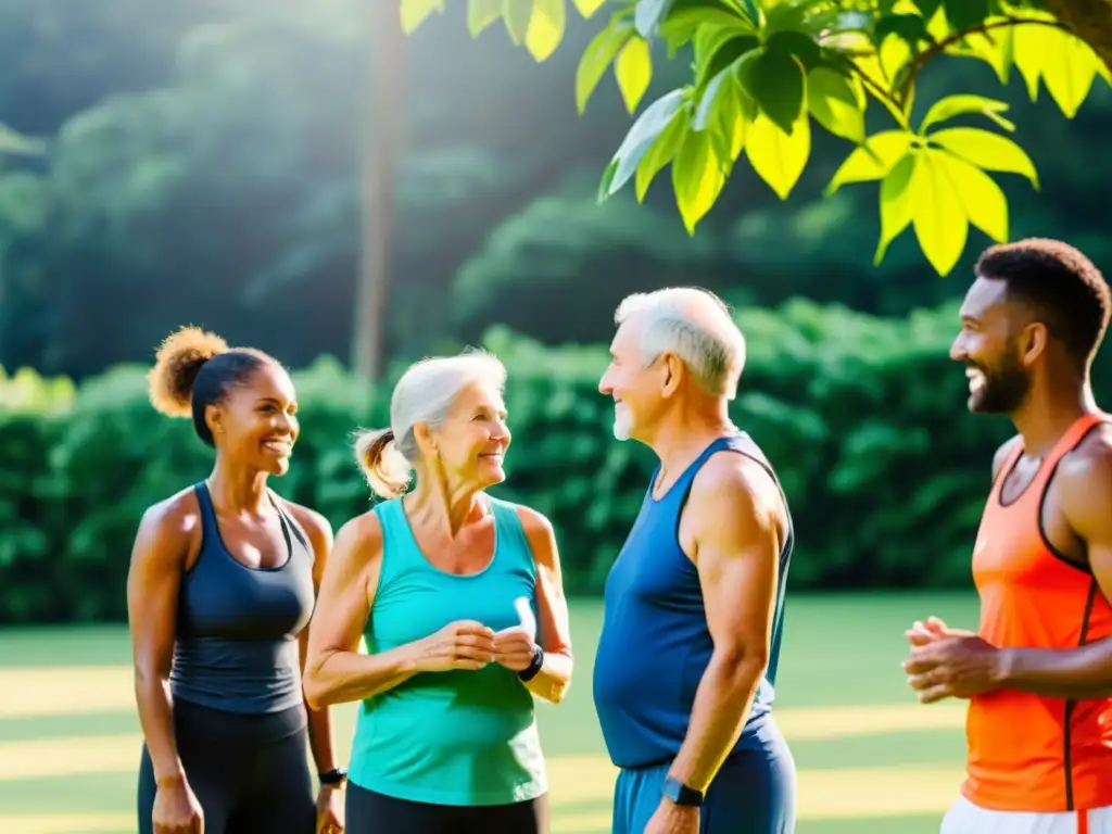Empoderamiento y vitalidad: coaching para adultos mayores en la naturaleza Un grupo de personas mayores participa en una sesión de coaching al aire libre, rodeados de vegetación exuberante y luz solar