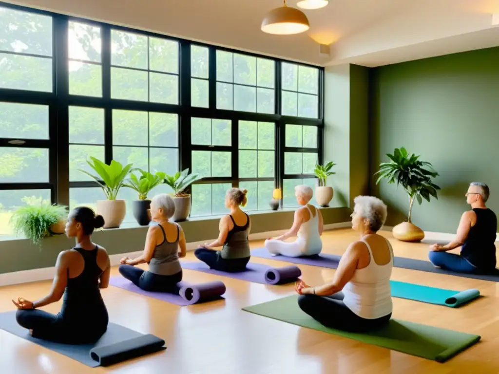 Yoga rejuvenecedor para adultos mayores Un grupo de personas mayores practica yoga en un estudio soleado y espacioso, rodeado de plantas verdes
