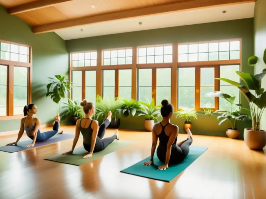 Inversiones de yoga: equilibrio y serenidad Grupo en posturas invertidas para fortalecer inmunidad, en un estudio de yoga sereno con luz natural y plantas verdes