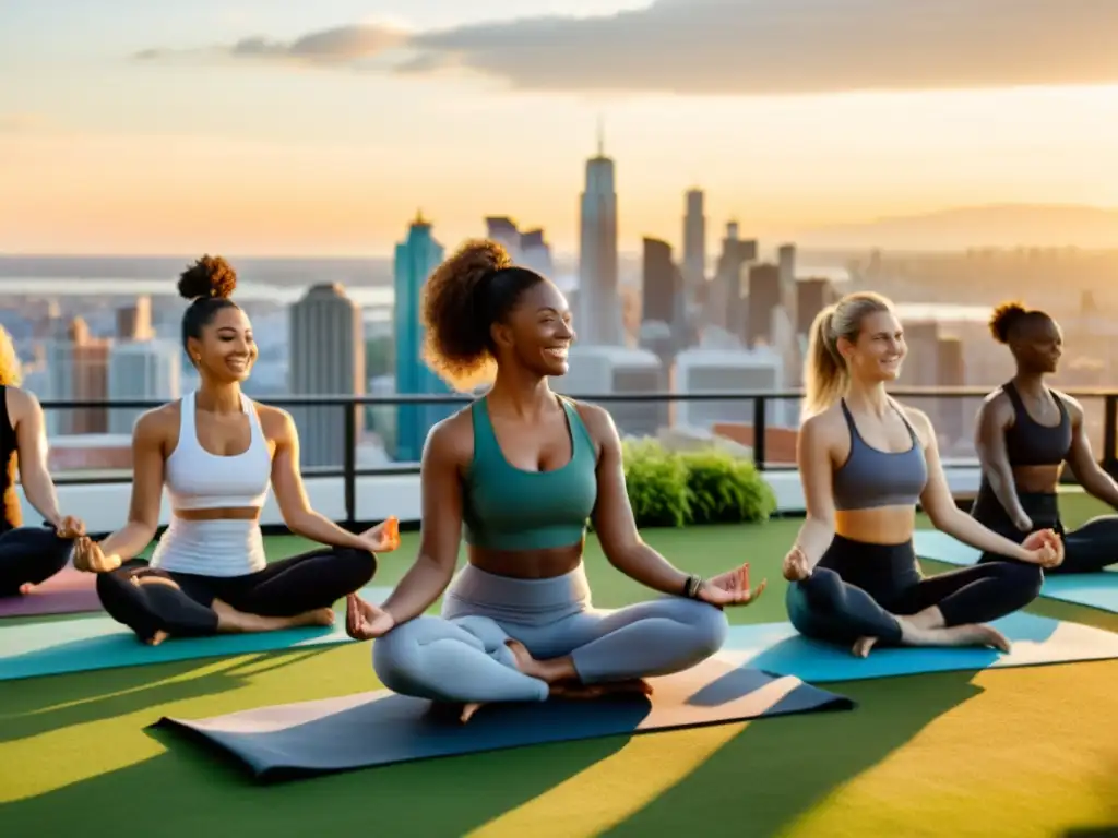 Yoga al atardecer: equilibrio y serenidad en la ciudad 'Grupo sonriente practica yoga al atardecer en terraza verde con Seguros de salud con programas de bienestar'