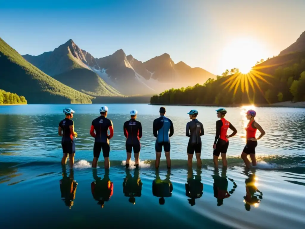 Atletas de triatlón en transición: fuerza y armonía en la naturaleza Grupo de triatletas en el borde de un lago cristalino al amanecer, evocando el desafío y la armonía con la naturaleza