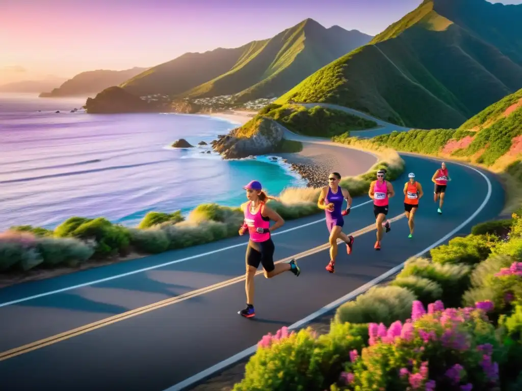 Triatletas al amanecer: fuerza y belleza en la costa Grupo de triatletas corriendo al amanecer junto al mar y montañas, mostrando la fuerza y belleza natural