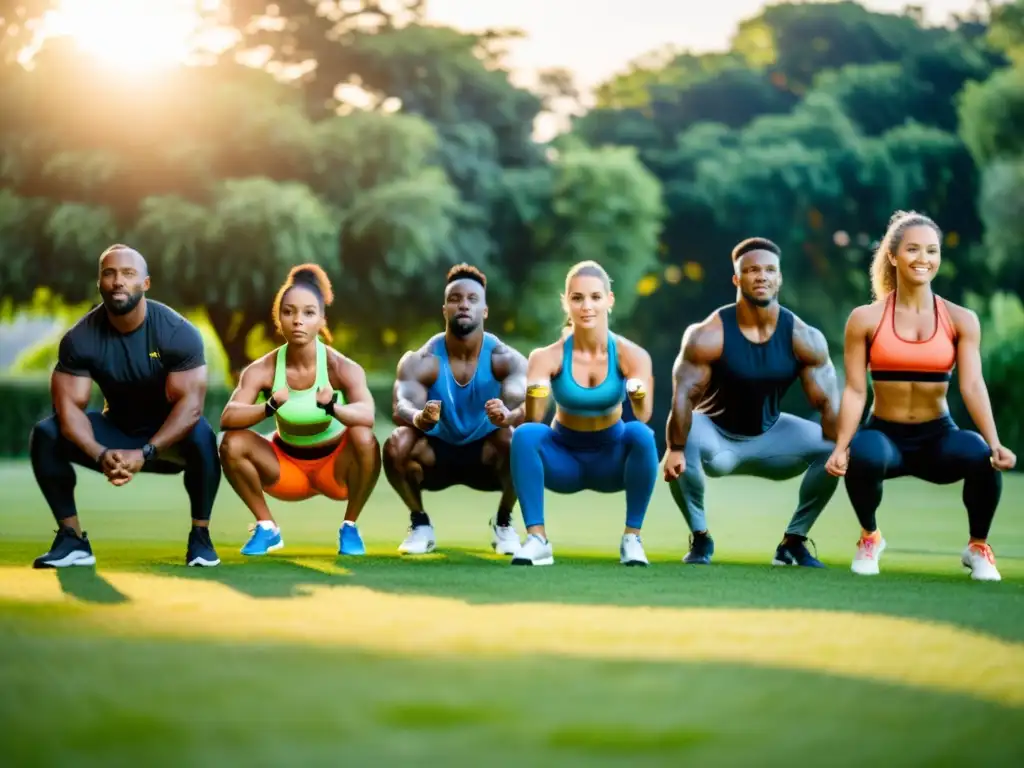 Atardecer de energía: entrenamiento HIIT en comunidad al aire libre Grupo variado hace HIIT al atardecer en campo verde