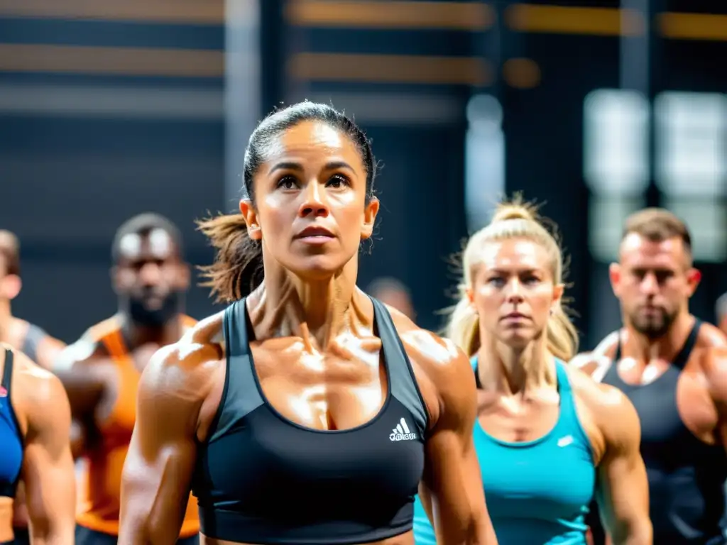 Grupo diverso desafiando enérgicamente un entrenamiento CrossFit Un grupo variado realiza un intenso entrenamiento CrossFit en un moderno y vibrante gimnasio