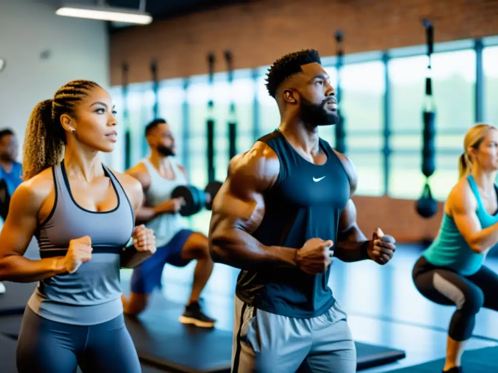 Un grupo variado de personas entrena con determinación en un gimnasio moderno y luminoso